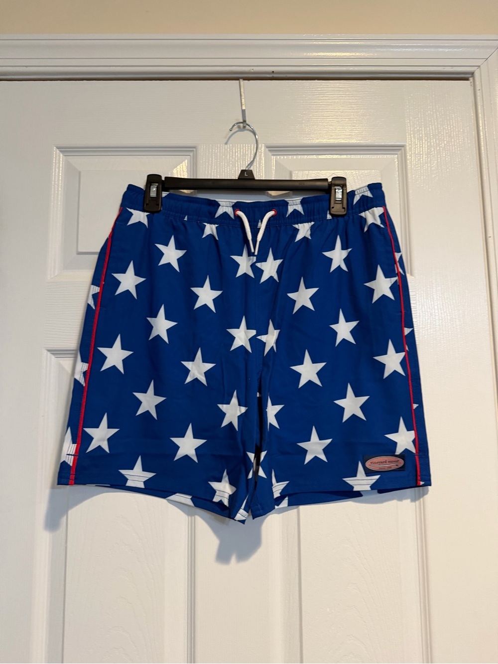 Vineyard Vines Blue Star Print Swim Trunks with Red Piping